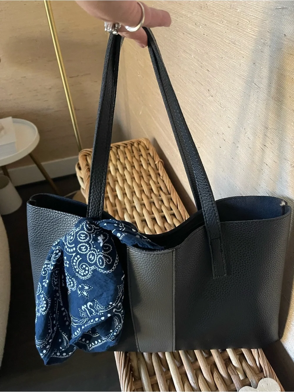 Vince Camuto Black Leather Tote with Gray Center Stripe